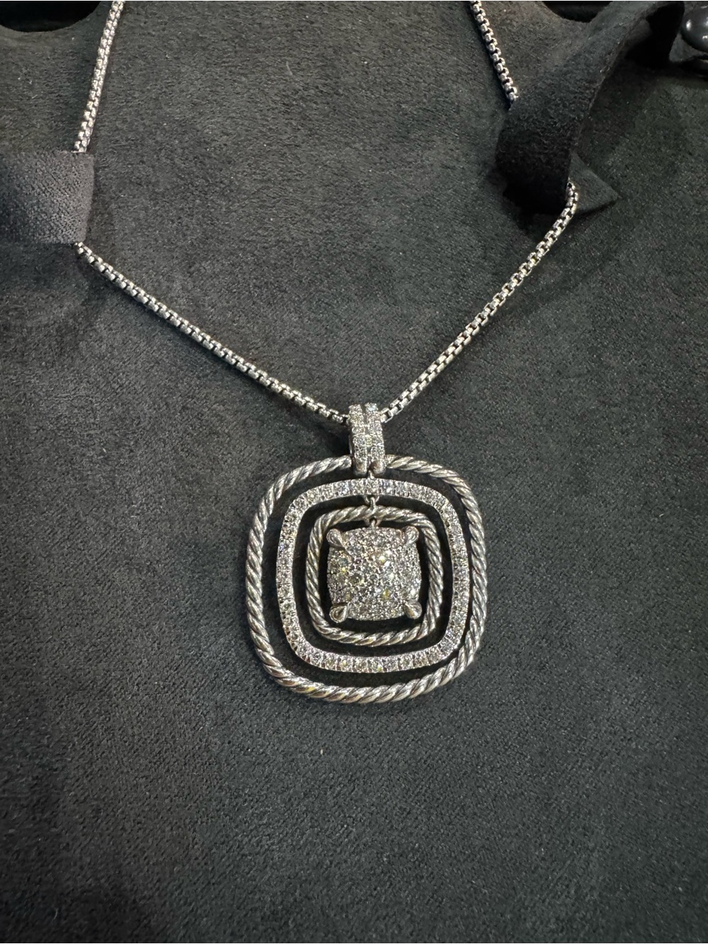 David Yurman Pave Diamond Multi-Square Pendant Necklace in Silver
